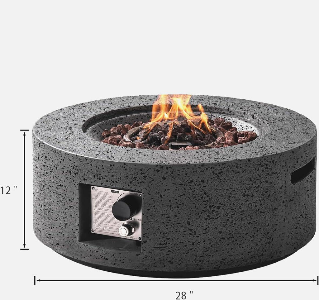 SUNBURY Outdoor Travertine Fire Pit Table, 28 inches Round Propane Gas Patio Fire Pit 40,000 BTU Concrete, Circular Base Small Firepit with Lava Rocks, Waterproof Cover (Grey)