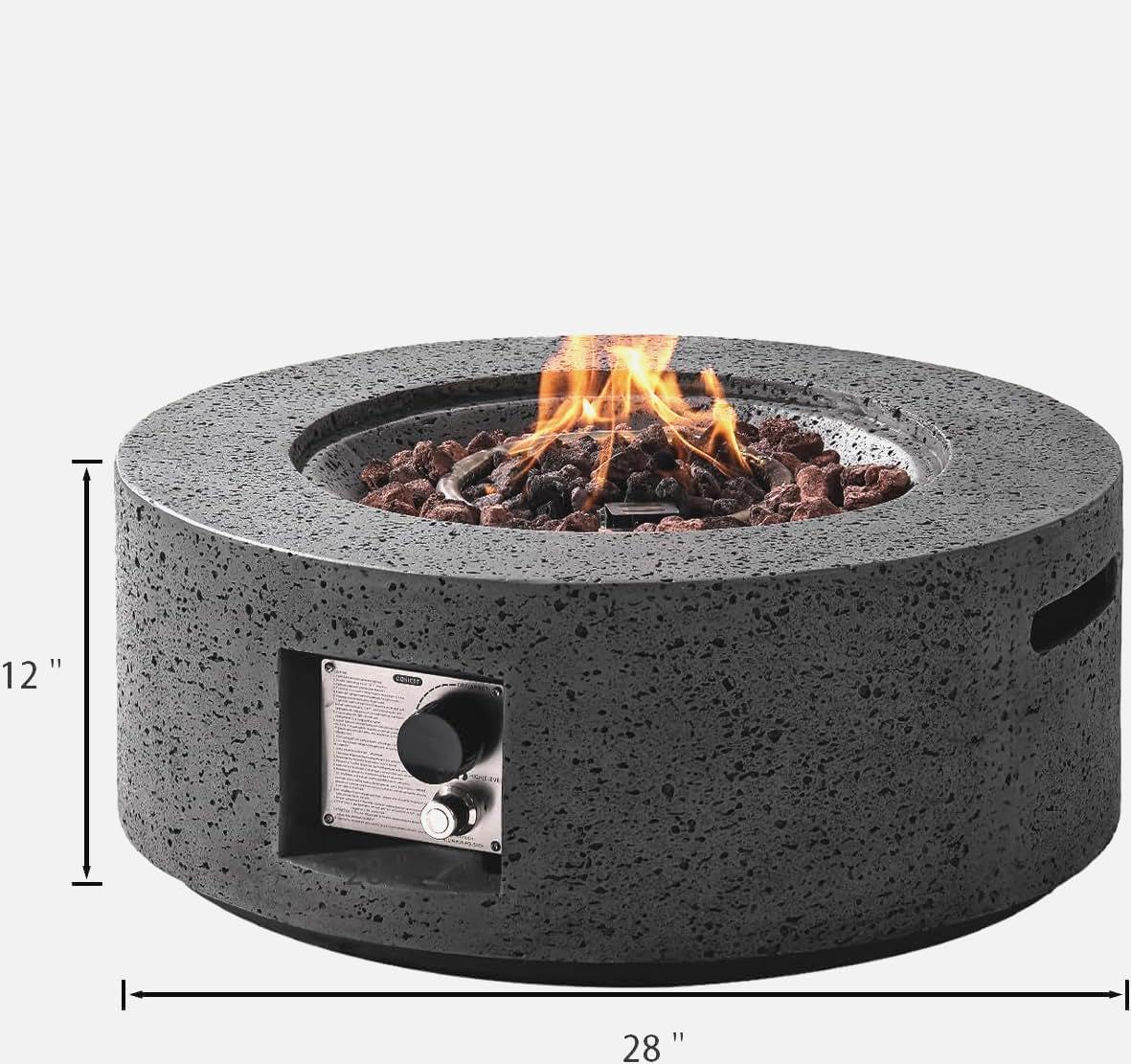 SUNBURY Outdoor Travertine Fire Pit Table, 28 inches Round Propane Gas Patio Fire Pit 40,000 BTU Concrete, Circular Base Small Firepit with Lava Rocks, Waterproof Cover (Grey)