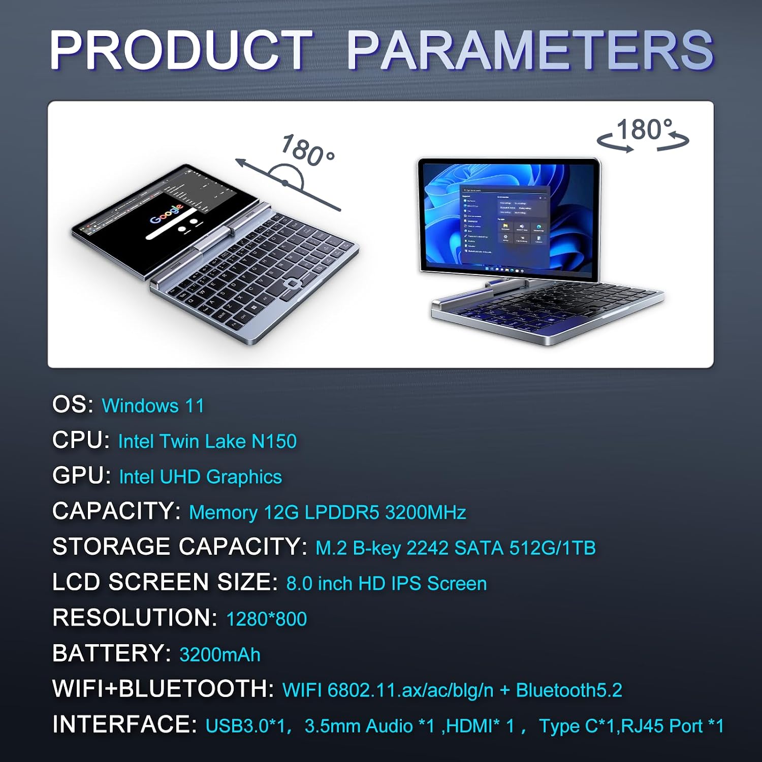 Mini Laptop 8' 2-in-1, Laptop Computer Win 11, Intel N150(up to 3.6GHz), 12GB RAM 512GB SSD, Touchscreen HD, Backlit Keyboard, Wi-Fi 6, USB-C, Lightweight Portable PC for Work/Kids/School