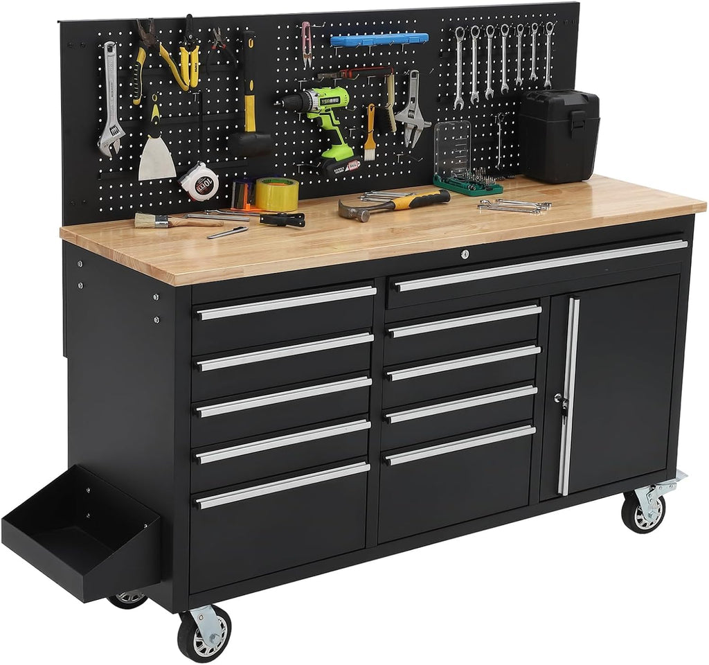 Garvee Rolling Tool Chest, 61 in Garage 10 Drawers Workbench Storage Tool Cabinet with Solid Rubber Wood Top, Power Strip, 1675 LBS Load Mobile Workstation, Heavy Duty Rolling Cabinet, Black