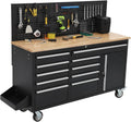 Garvee Rolling Tool Chest, 61 in Garage 10 Drawers Workbench Storage Tool Cabinet with Solid Rubber Wood Top, Power Strip, 1675 LBS Load Mobile Workstation, Heavy Duty Rolling Cabinet, Black