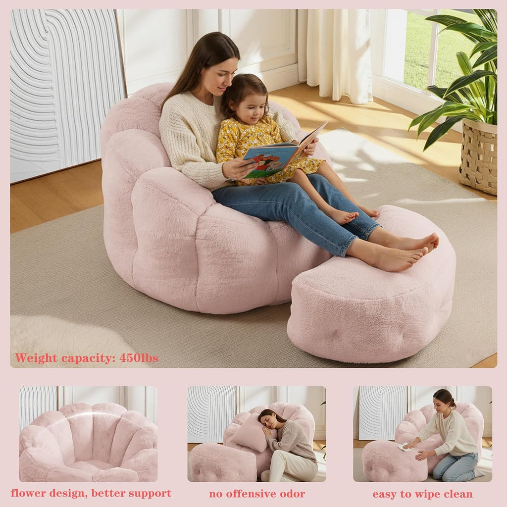Bean Bag Chair with Ottoman, Pink Flower Bean Bag Chairs for Adults and Teens, Comfy Plush Faux Fur Reading Chair for Living Room, Bedroom, Apartment, Dorm