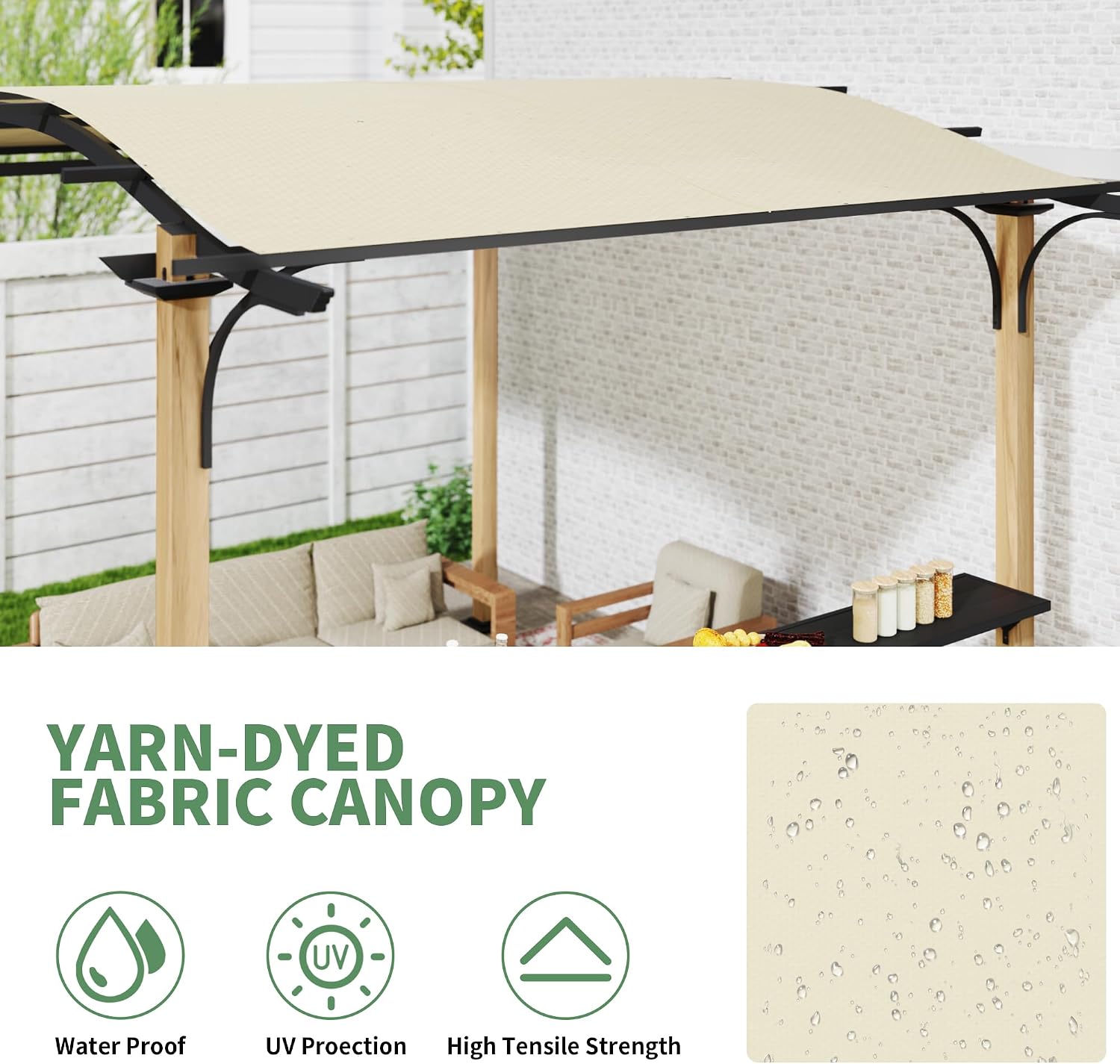 10' x 13' Arched Top Outdoor Pergola, Aluminum Frame Gazebo with Storage Shelf, Wood-Like Frame Patio Pergola Shade for Patio, Backyard, Garden, Poolside, Beige