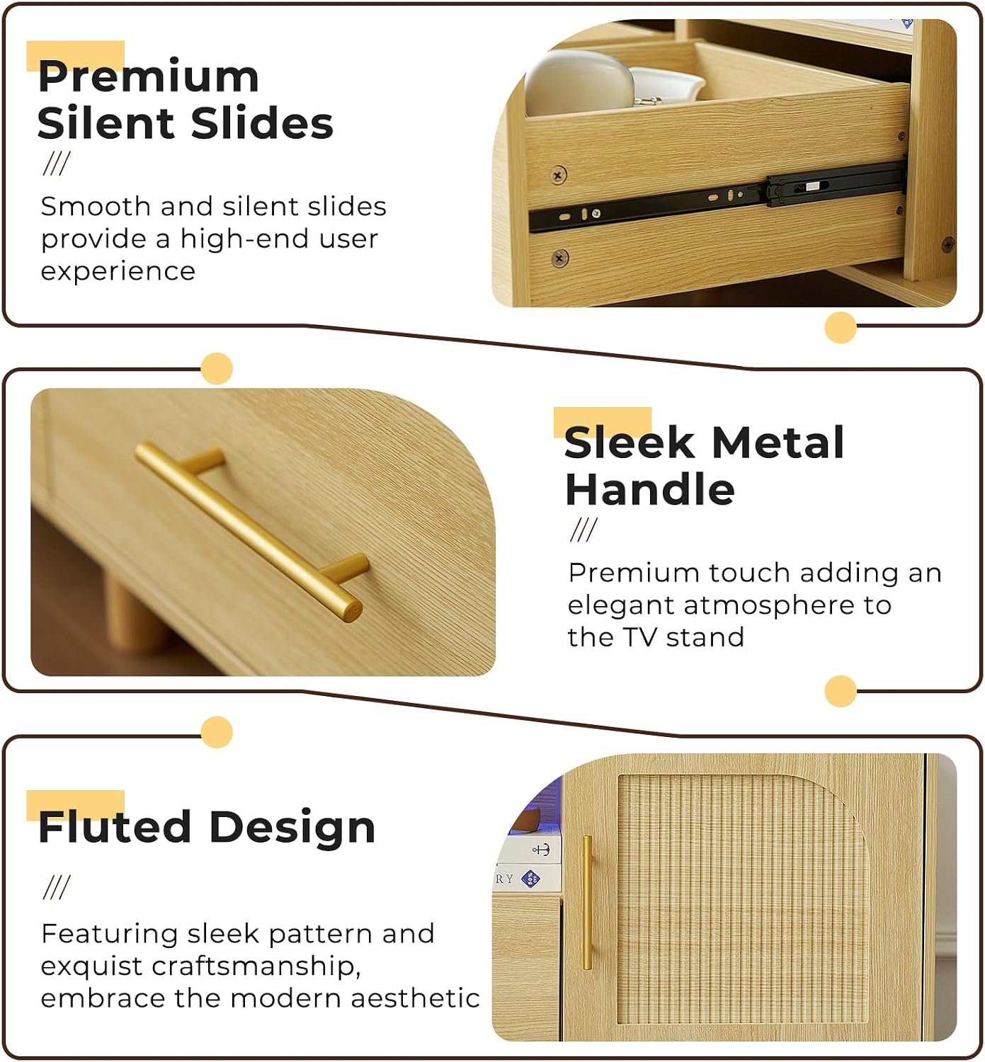 TV Stand for 70 Inch TV, 63' Modern Fluted TV Stand with Outlet, 2 Drawers & Cabinets, Entertainment Center with Open Shelves, Minimalist TV Stands for Living Room (Natural Wood)