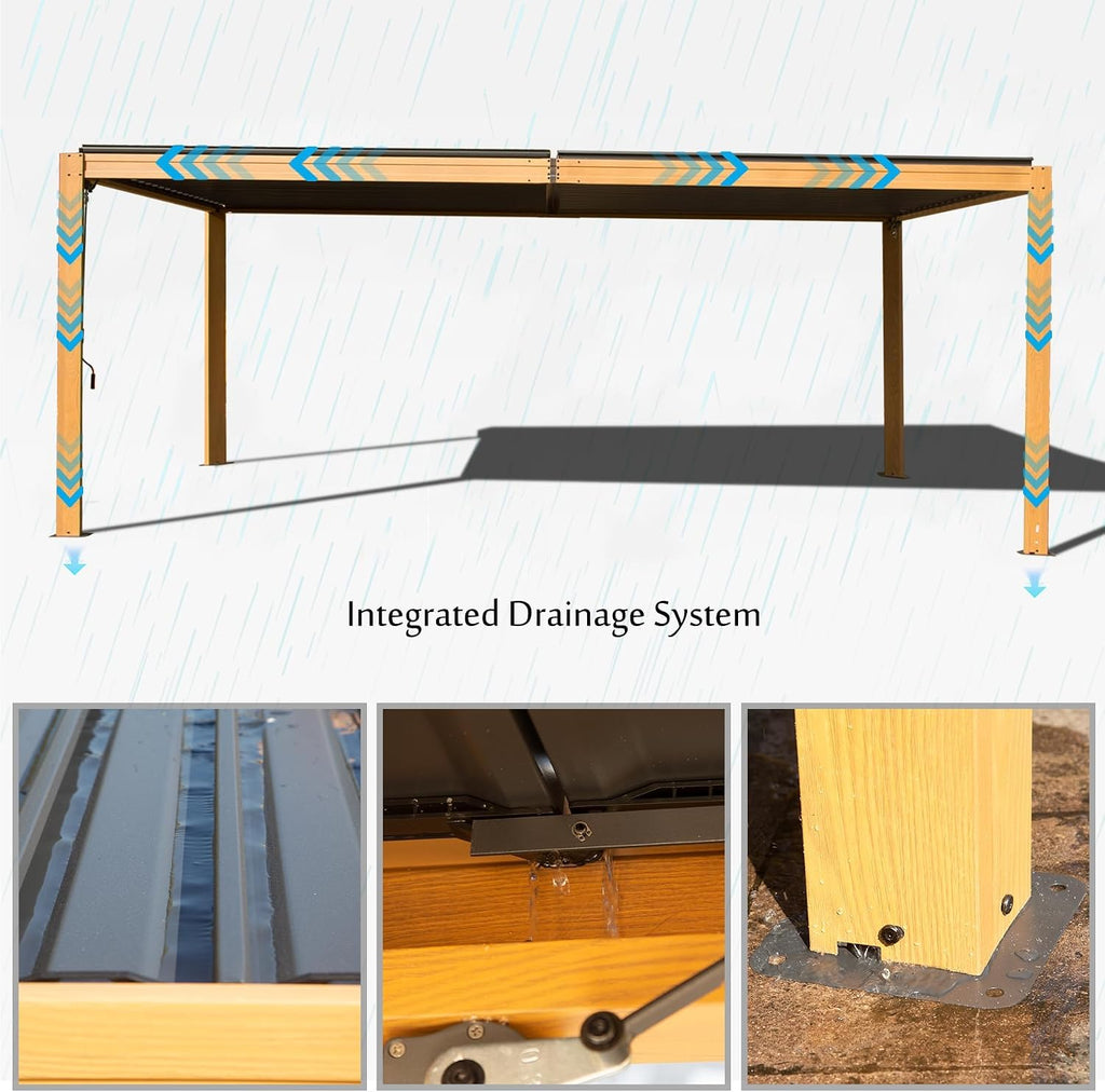 Domi Louvered Pergola 10x16FT, Outdoor Wood Grain Pergola Aluminum Frame with Adjustable Rainproof Metal Roof, Permanent Sun Shade with Drainage System for Deck Garden Yard