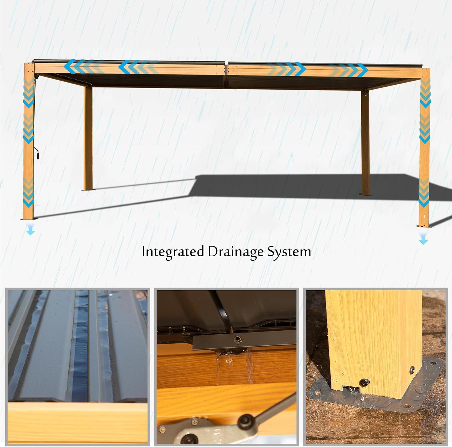 Domi Louvered Pergola 10x16FT, Outdoor Wood Grain Pergola Aluminum Frame with Adjustable Rainproof Metal Roof, Permanent Sun Shade with Drainage System for Deck Garden Yard
