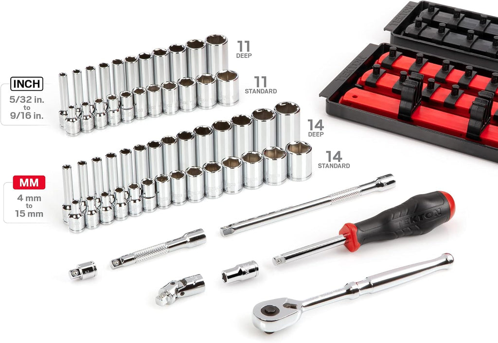 TEKTON 1/4 Inch Drive 6-Point Socket and Ratchet Set with Rails and Trays, 57-Piece (5/32-9/16 in., 4-15 mm) | SKT03301