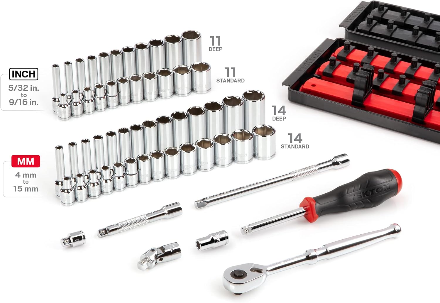 TEKTON 1/4 Inch Drive 6-Point Socket and Ratchet Set with Rails and Trays, 57-Piece (5/32-9/16 in., 4-15 mm) | SKT03301