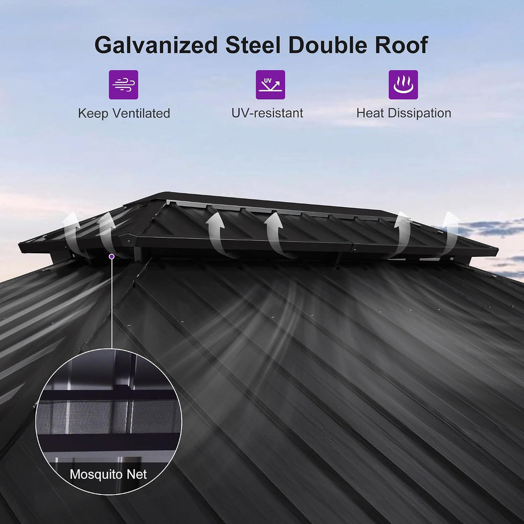 PURPLE LEAF 10' X 14' Hardtop Gazebo Outdoor Wood Grain Aluminum Frame Galvanized Steel Double Roof Gazebos with Lights for Patio Deck Backyard Garden