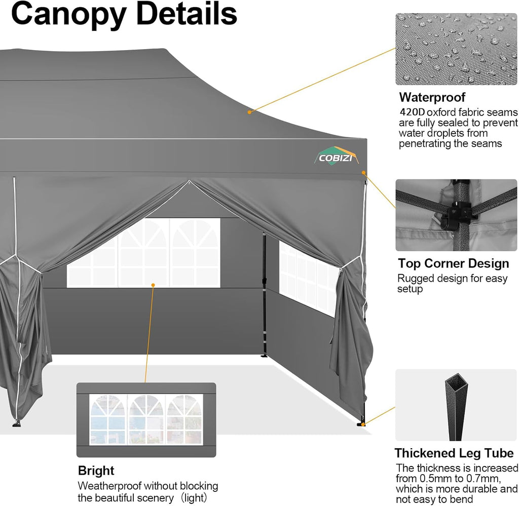 COBIZI 10x20 Pop up Canopy Tent 10x20 Canopy with 6 Sidewalls Waterproof Heavy Duty Commercial Tent for Parties Outdoor Garden Gazebo, Carry Bag with Wheel(10x20ft, Gray)