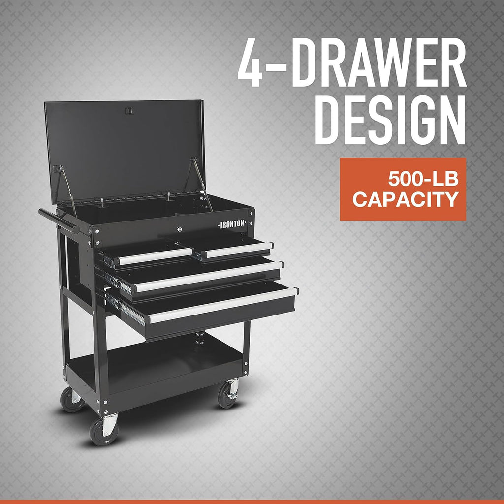 Ironton Mobile Tool Chest, Slide Top Tool Cart Made of Rust-Resistant Powder-Coat Finish, Mobile with Fully Opening Lid, Four Locking Drawers, Rolling Tool Carts Tool Cart with Drawers