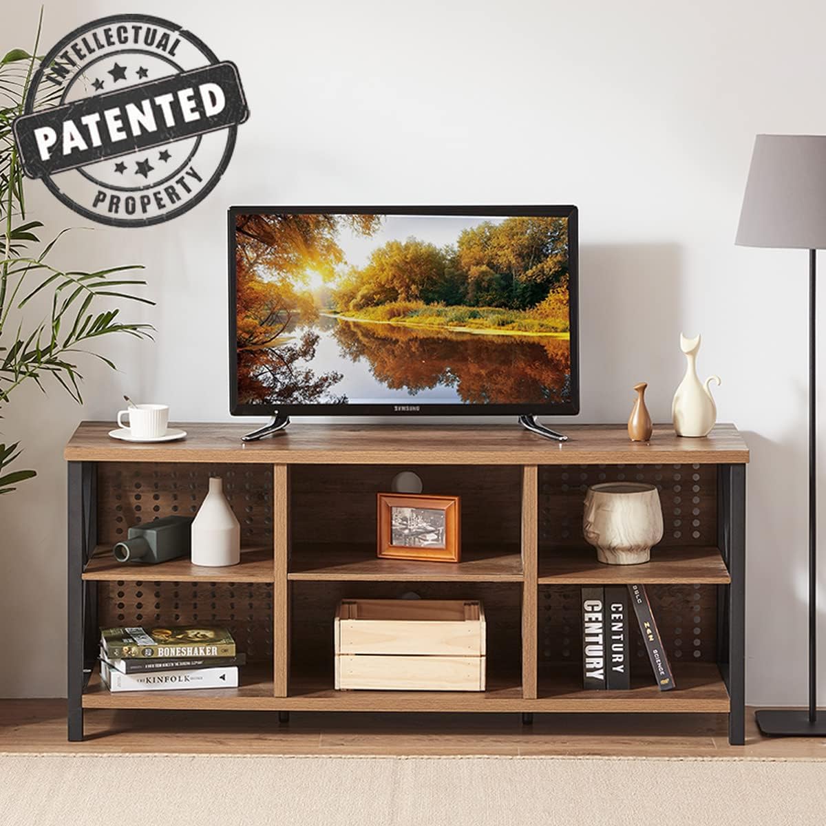 LVB Rustic Entertainment Center for 65 Inch TV, Industrial Wood and Metal TV Stand with Storage Shelf, Modern Television Media Console Table with Cabinet for Living Room Bedroom, Rustic Oak, 55 Inch