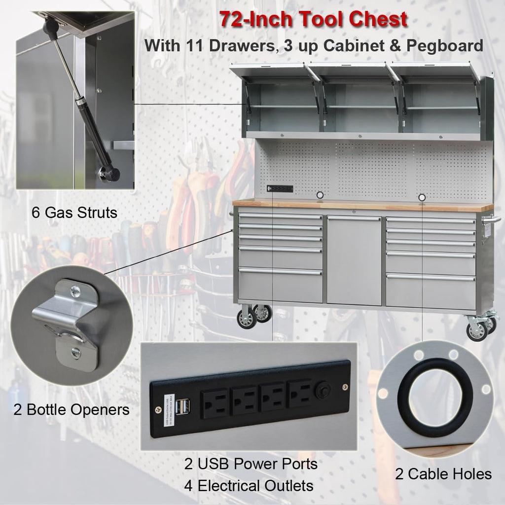 72' Stainless Steel Rolling Tool Chest with 11 Drawers + 3 Upper Cabinets, Large Lockable Storage Cabinet, Mobile Workbench with Wheels for Garage Workshop (1 × HTC7214W1)