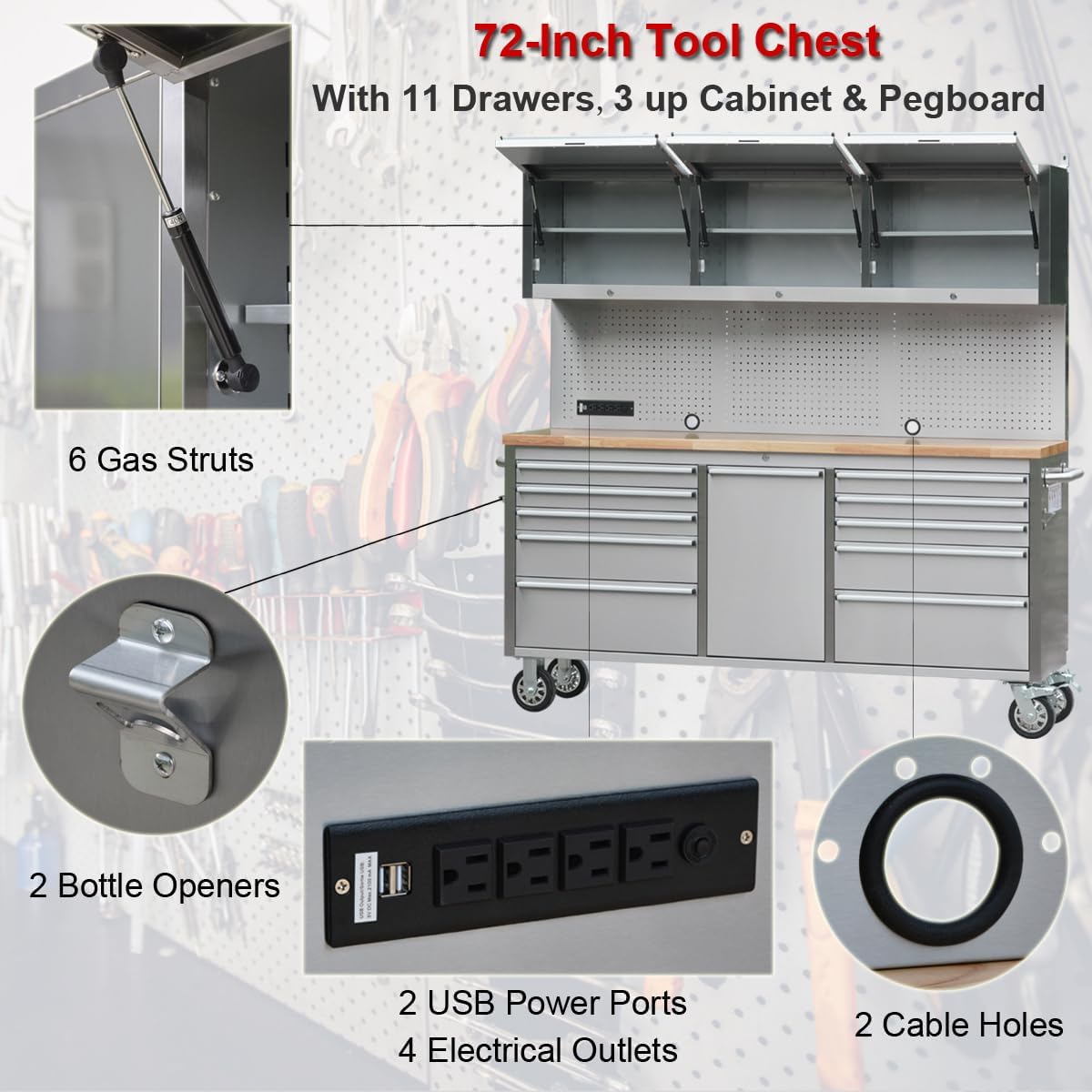 72' Stainless Steel Rolling Tool Chest with 11 Drawers + 3 Upper Cabinets, Large Lockable Storage Cabinet, Mobile Workbench with Wheels for Garage Workshop (1 × HTC7214W1)