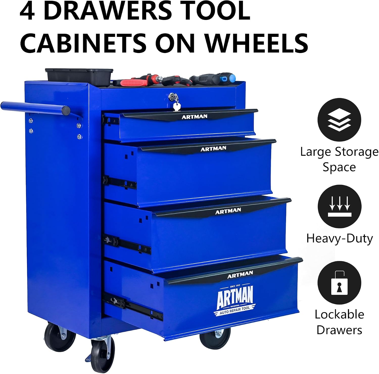 Rolling Tool Box with Wheels, Mechanics Tool Chest with 4 Drawers, Tool Box Organizer with 7 Tool Storage Boxes, Lockable Tool Storage Cabinet for Home Garage Workshop Warehouse Repair Shop, Blue