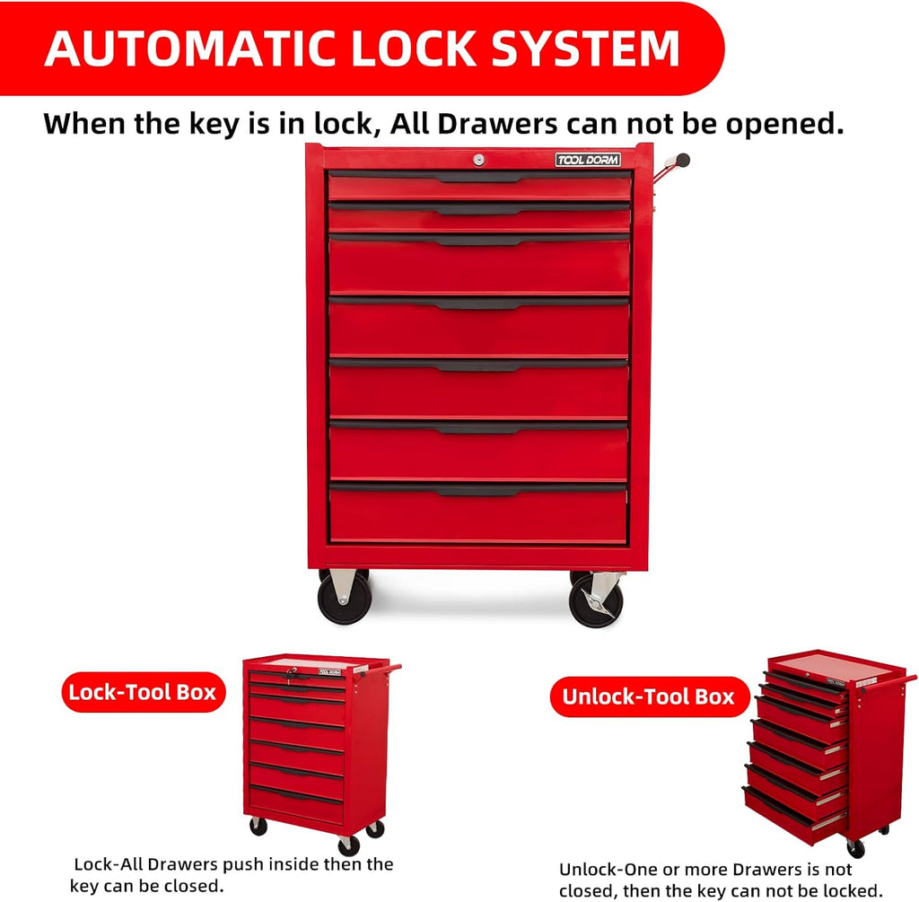7-Drawer Rolling Tool Chest Cabinet, Large Capacity Metal Tool Box with Wheels and Keyed Locking, Roll Around Storage Organizer Tool Cart for Garage, Warehouse, Work Shop - Red