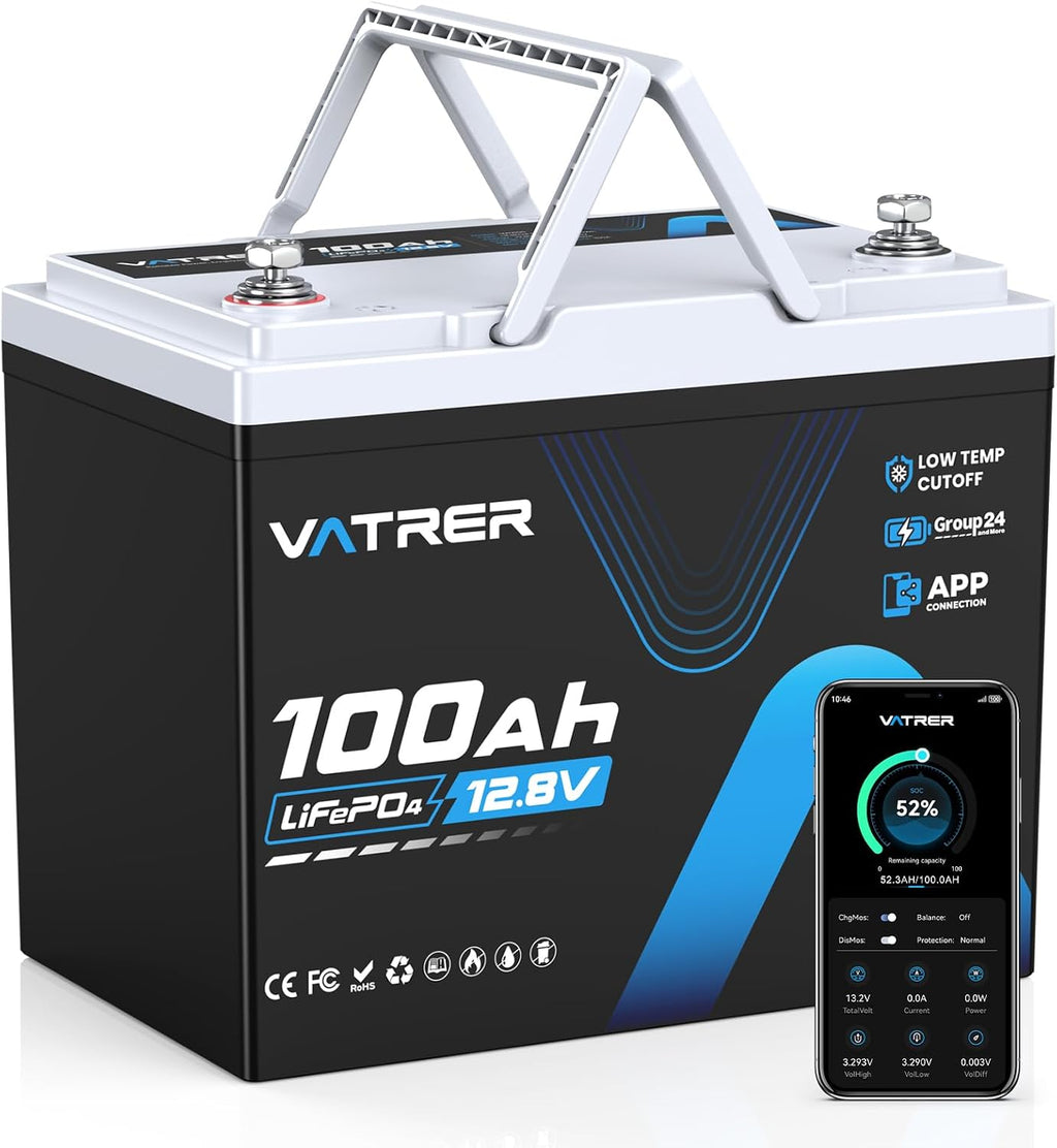 150A BMS 12V 100Ah Group 24 Lithium Battery with APP Monitoring, Rechargeable LiFePO4 Trolling Motor Battery, Multi-Protection, 1.92kW Max Load Power for RVs, Boats, Off-Grid, Home Energy Storage, etc