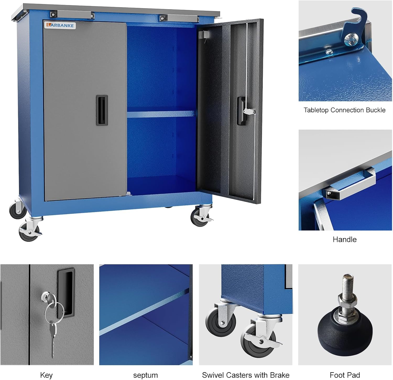 LARBANKE Tool Chest with Wheels and 4 Pad Feet,Tool Chest with 2 Doors and Adjustable Shelves,Lockable Steel Chest for Garage,Home and Office,can be Combined to Large Cabinet Set