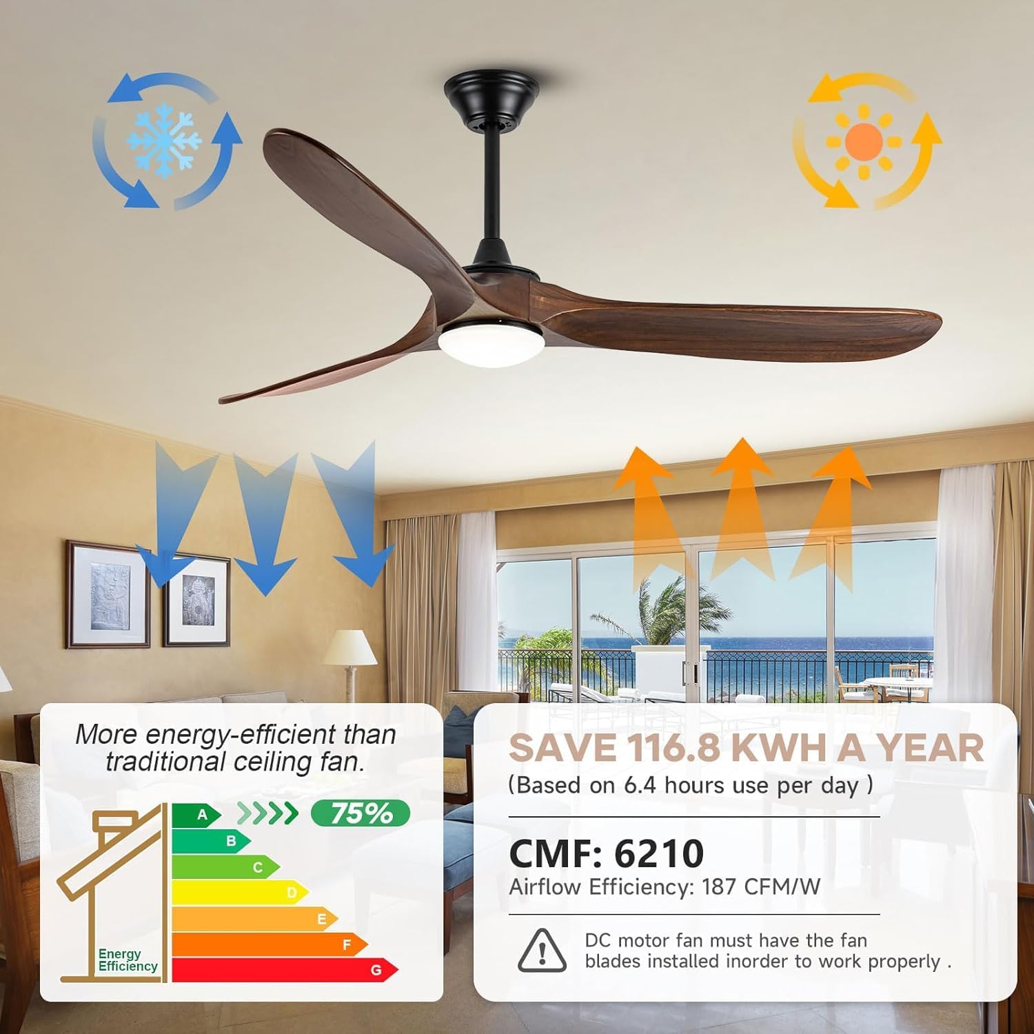 70 inch Ceiling Fan with Lights, Large Outdoor Ceiling Fans for Patios Waterproof, 3 Blades Wood Propeller Ceiling Fan with Reversible Quiet DC Motor for Exterior House Porch Farmhouse Gazebo