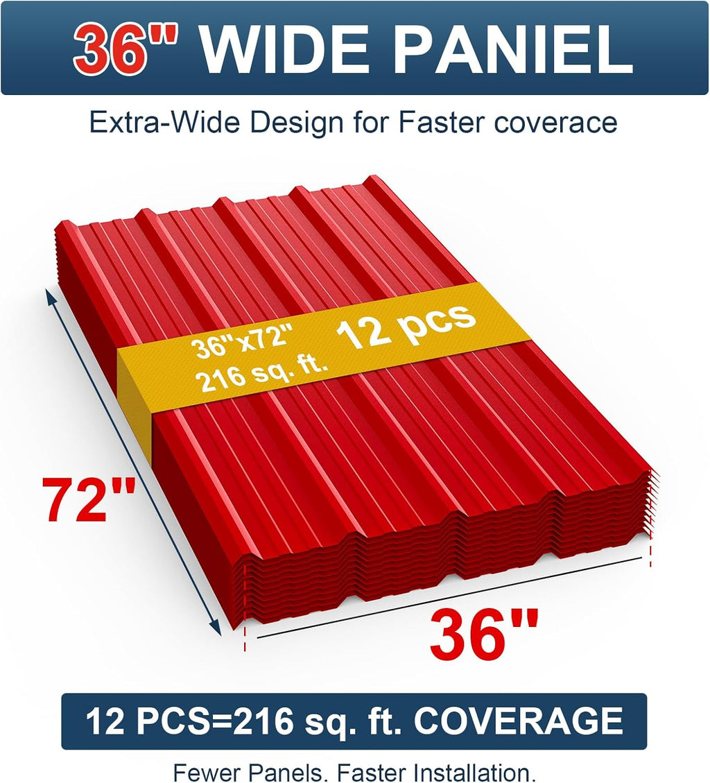 12 Pack PPGI Metal Roofing Panels, 72' x 36', 28 Gauge, 216 Sq. Ft. Coverage, Prepainted Galvanized Steel Sheets for Residential, Commercial, Pergolas, Gazebos, Fencing, and Patio Roofs（Red）