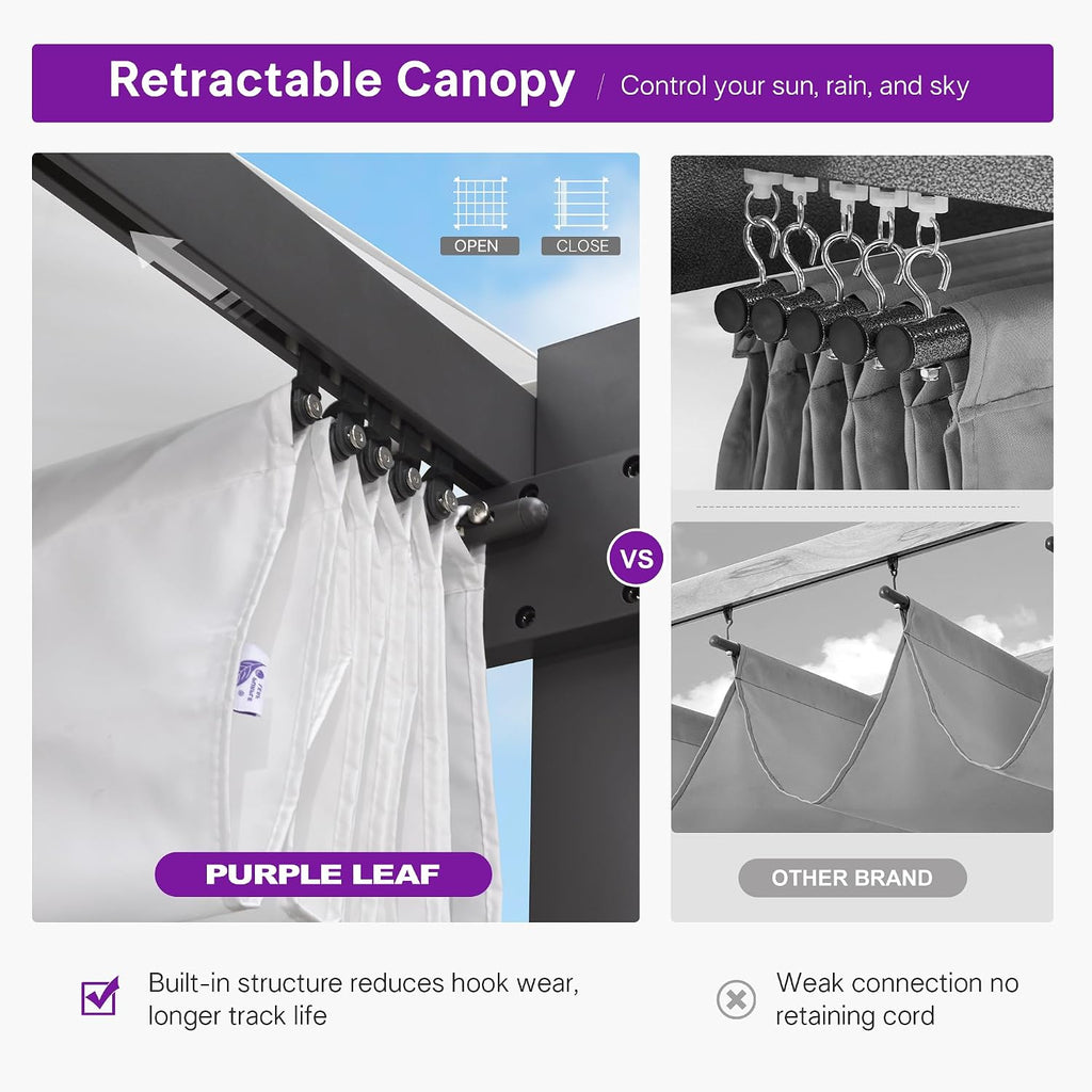 PURPLE LEAF 10' x 10' Aluminum Outdoor Pergola Wind-Resistant Retractable Pergola with Double Sun Shade Canopy Heavy-Duty Metal Pergola for Patios Backyard Deck Garden, White