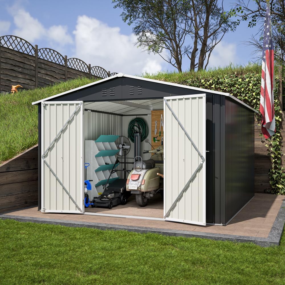 Large Outdoor Storage Shed 10x12 FT, Heavy-Duty Metal Garden Tool Organizer with Lockable Doors and Weather-Resistant Roof for Backyard (10x10 ft Black)