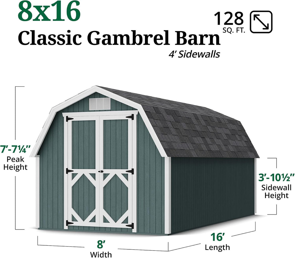Little Cottage Co. 8x16 Classic Gambrel Barn with 4 ft. Sidewalls with Floor, Outdoor Wood Storage Shed Do-It-Yourself Precut Kit