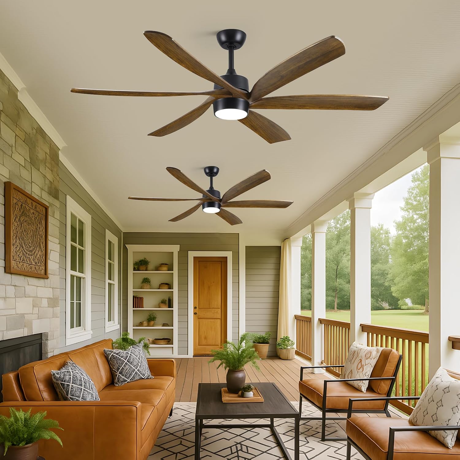 Outdoor Ceiling Fan with Light Remote, 60' Rustic Farmhouse Ceiling Fan with Light 6 Wood Blade Quiet Reversible Energy Efficient DC Motor, Damp-rated for Indoor Exterior Patio Porch Bedroom Garage
