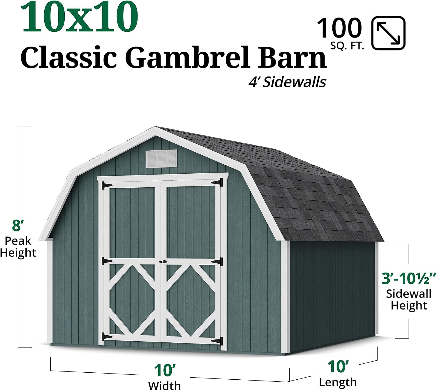 Little Cottage Co. 10x10 Classic Gambrel Barn with 4 ft. Sidewalls with Floor, Outdoor Wood Storage Shed Do-It-Yourself Precut Kit