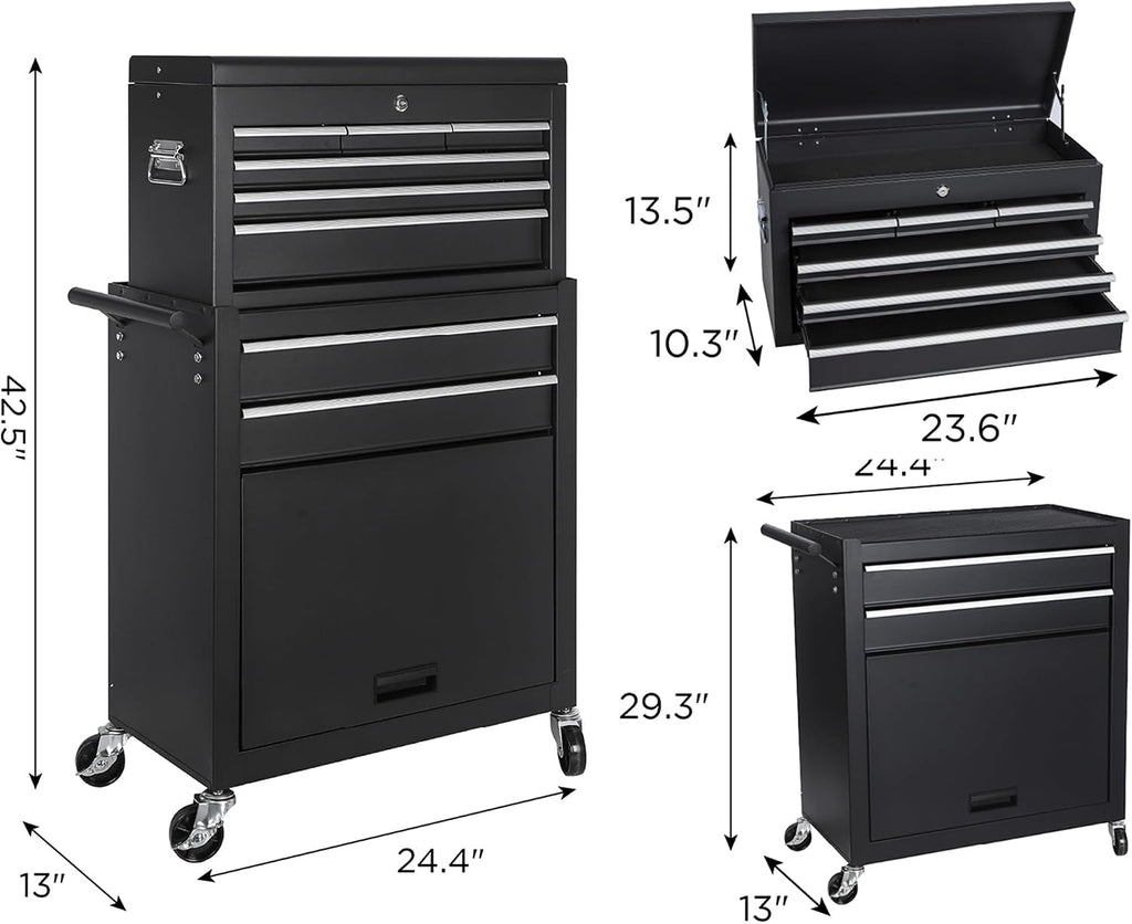 8 Drawers Tool Cart on Wheels with 1 Cabinet, Multifunctional Removable Rolling Storage Tool Chest Set,Tool Trolley Organizer Tool Box for Garage,Warehouse,Workshop,Repair Shop (42.5'H - Black)