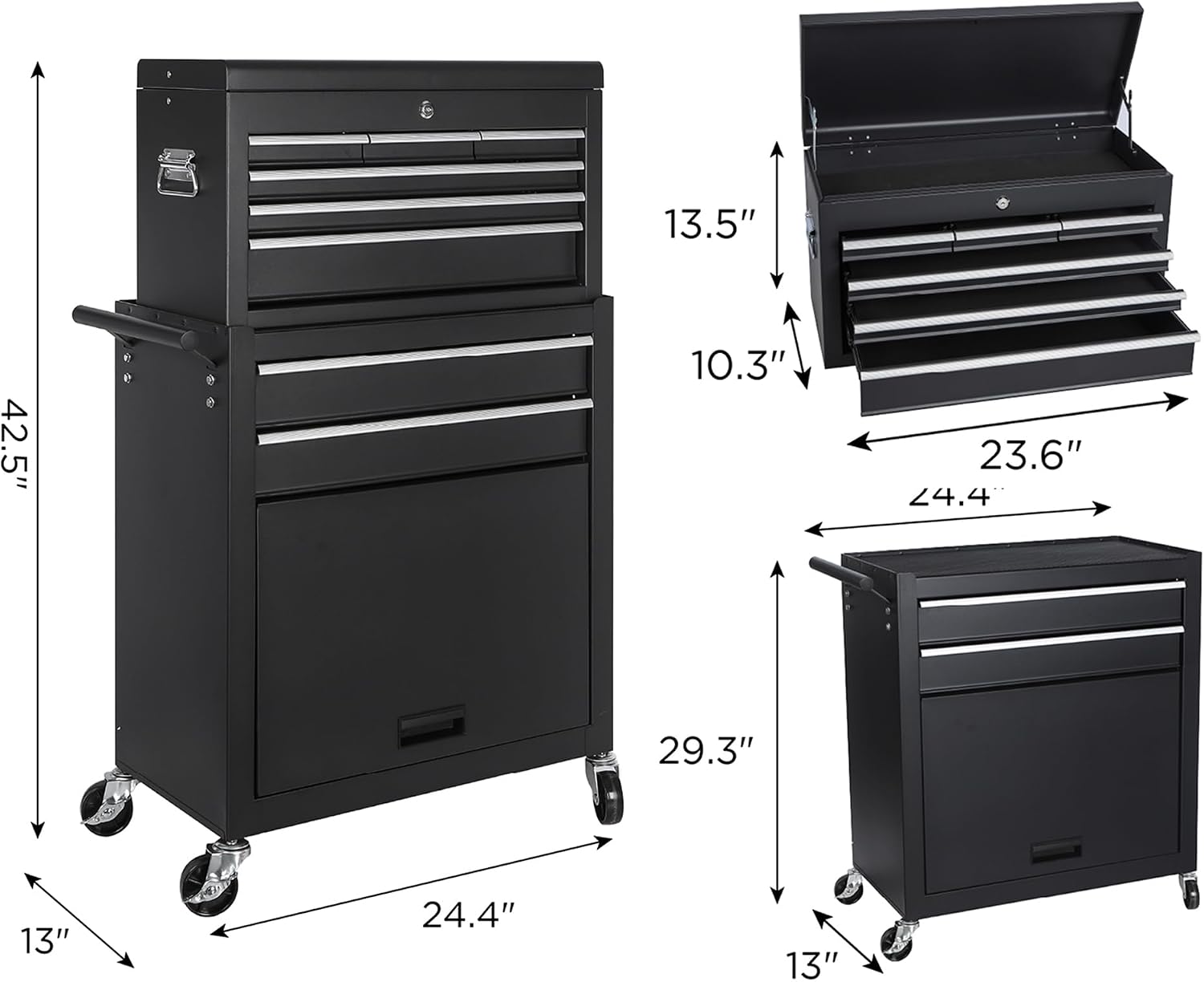 8 Drawers Tool Cart on Wheels with 1 Cabinet, Multifunctional Removable Rolling Storage Tool Chest Set,Tool Trolley Organizer Tool Box for Garage,Warehouse,Workshop,Repair Shop (42.5'H - Black)