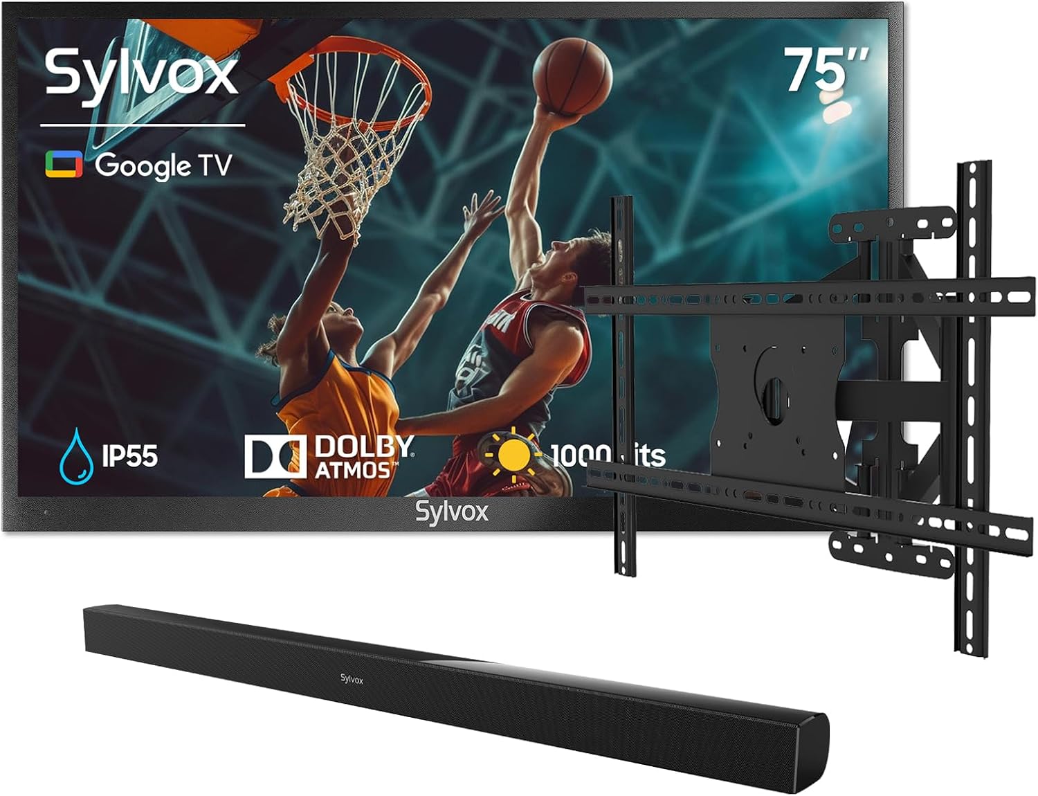 SYLVOX 75' Outdoor TV Bundle with Wall Mount & S2 Soundbar, 4K HDR Waterproof Smart TV (Deck Pro 3.0), 1000 Nits, Voice Remote, for Patio & Backyard