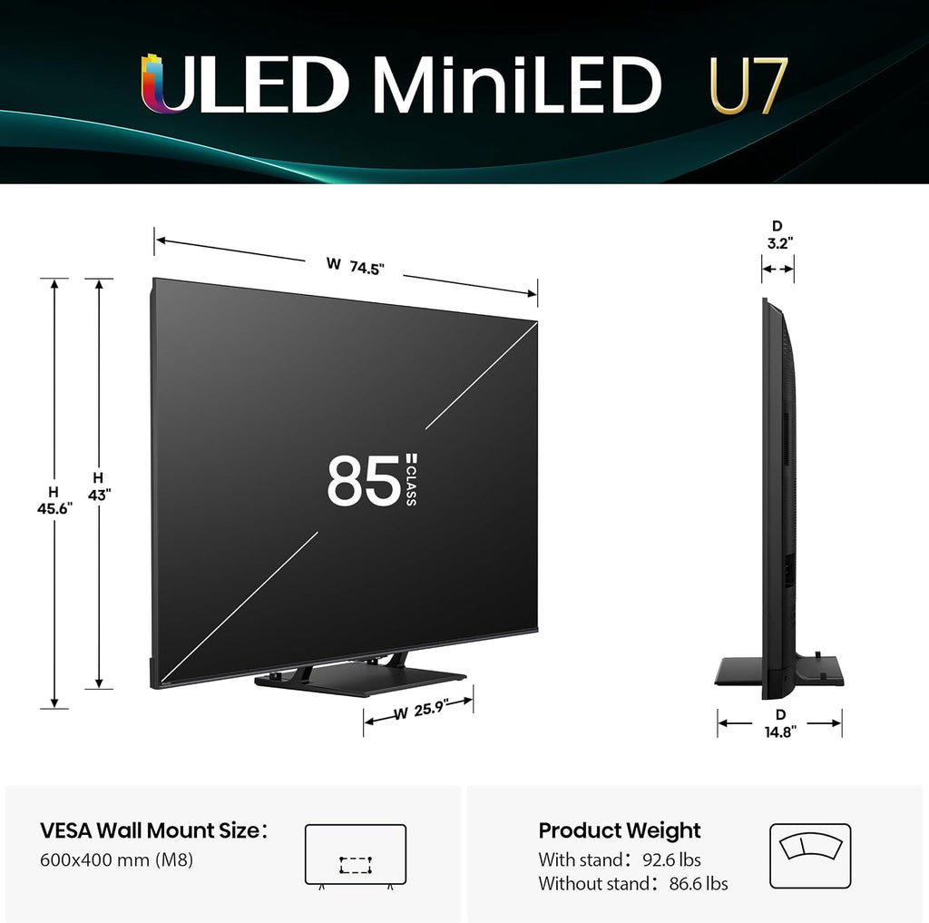 Hisense 85' U7 Mini-LED ULED 4K UHD Best Premium Gaming Google Smart TV 85U75QG 2025 Model - QLED Native 165Hz VRR 288 Up to 3000 Nits HDR10+ Dolby Vision IQ · Atmos IMAX Enhanced, 2.1.2 Ch (Renewed)