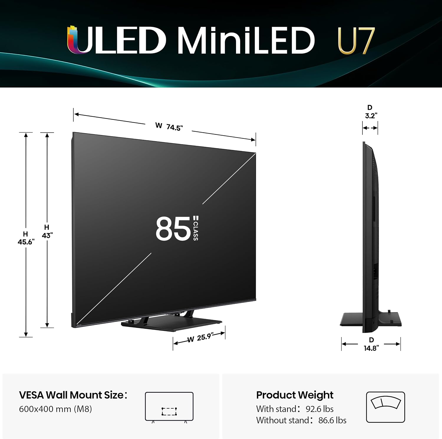 Hisense 85' U7 Mini-LED ULED 4K UHD Best Premium Gaming Google Smart TV 85U75QG 2025 Model - QLED Native 165Hz VRR 288 Up to 3000 Nits HDR10+ Dolby Vision IQ · Atmos IMAX Enhanced, 2.1.2 Ch (Renewed)