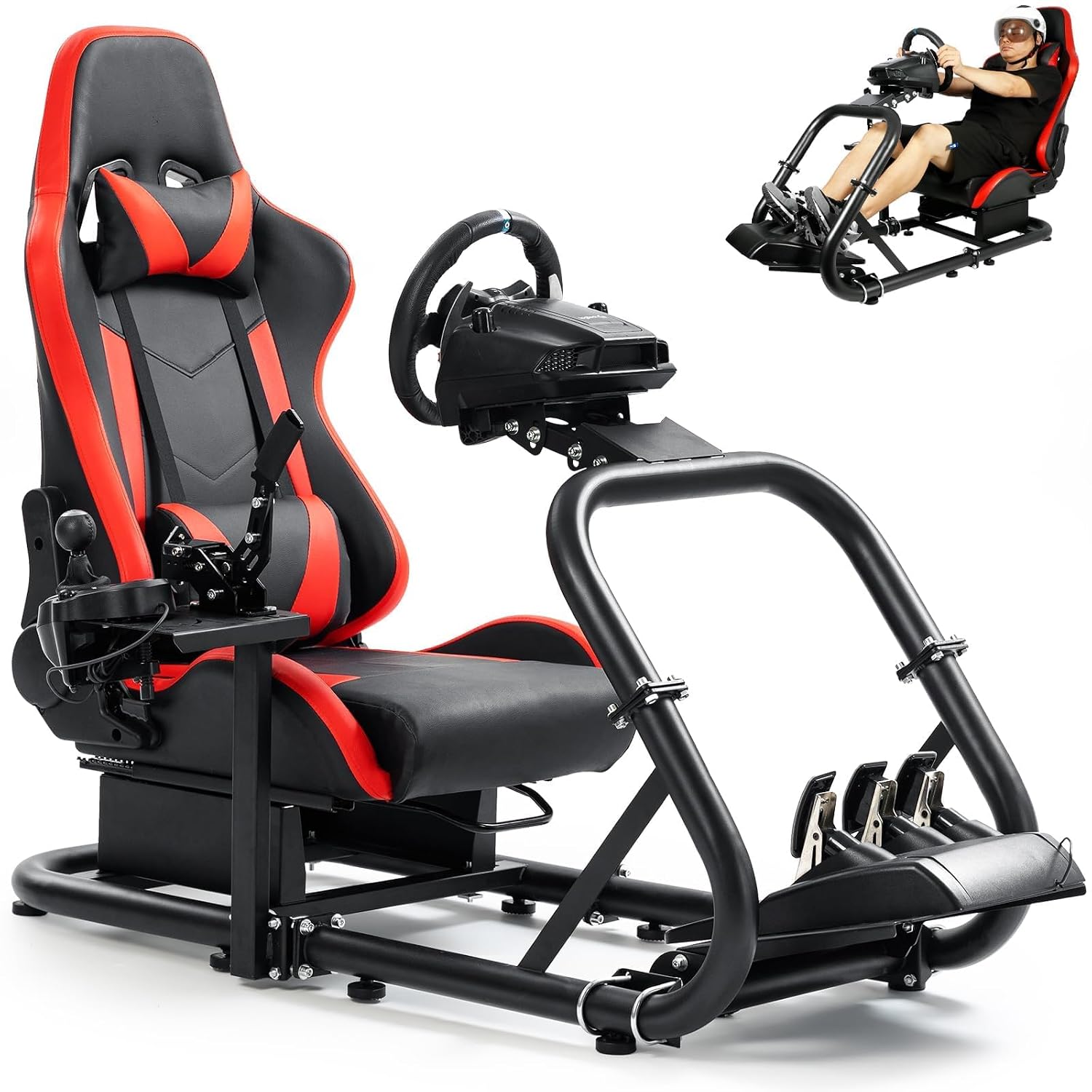 Marada Racing Sim Cockpit Stand with comfortable Seat Fit for Logitech G27 G923 G920,for Thrustmaster, Large Round Tube&Adjustable Professional Driving Race Mount,Wheel Pedal Handbrake Not Included