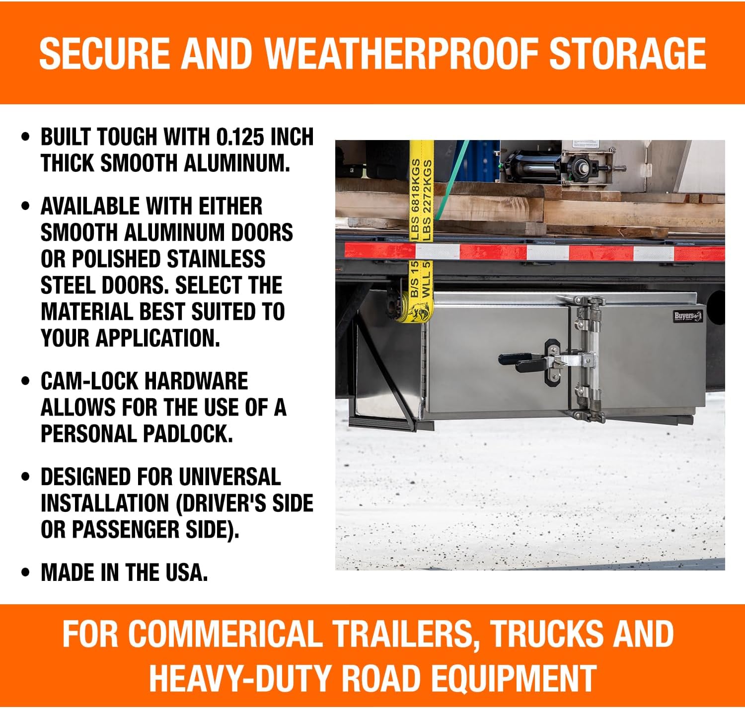 Buyers Products 1762603, 18x18x48 Smooth Aluminum Underbody Truck Tool Box with Double Barn Door, Heavy‑Duty 0.125 in Aluminum, Cam‑Lock Hardware, Rain Gutter Seal, Universal Mount