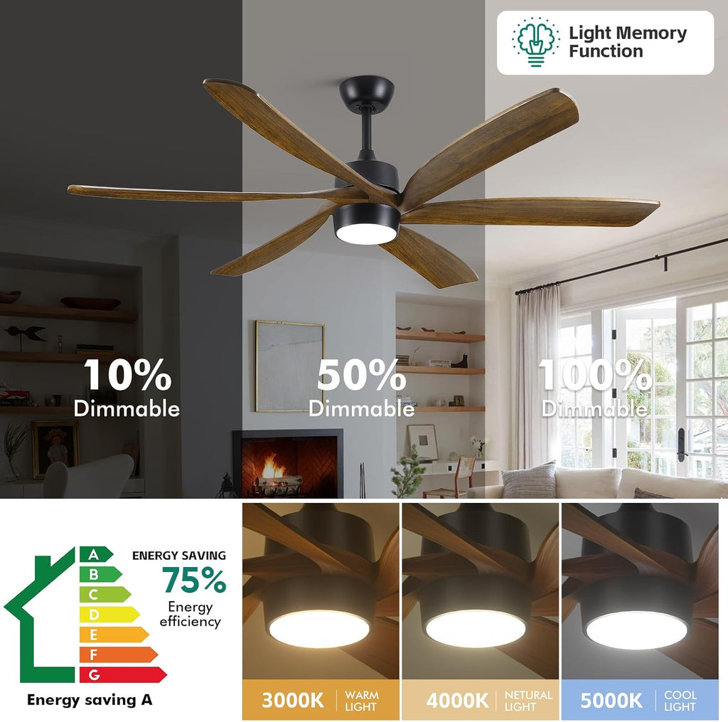 Outdoor Ceiling Fan with Light Remote, 60' Rustic Farmhouse Ceiling Fan with Light 6 Wood Blade Quiet Reversible Energy Efficient DC Motor, Damp-rated for Indoor Exterior Patio Porch Bedroom Garage