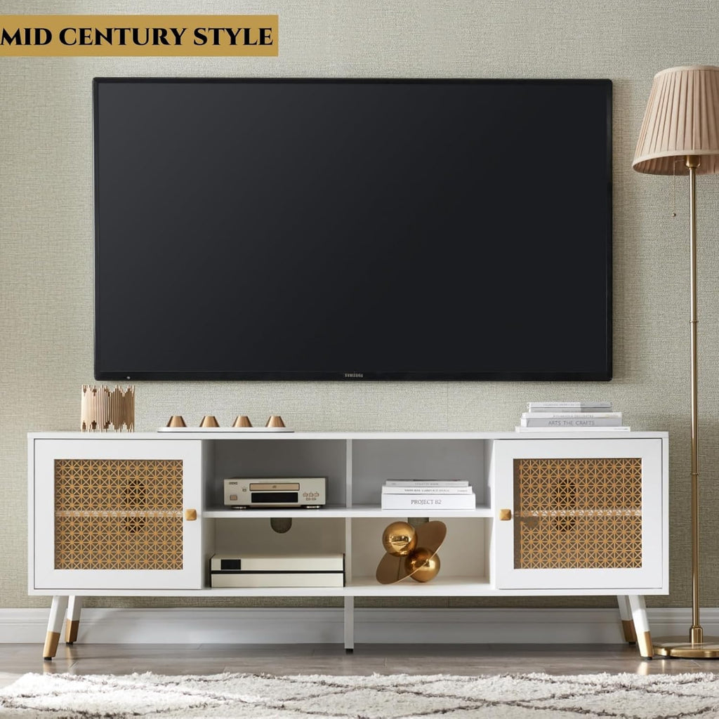 JYED DECOR White TV Stand for Living Room,66' Modern Entertainment Center with Storage Cabinets, Fluted Boho TV & Media Console (White and Gold,)
