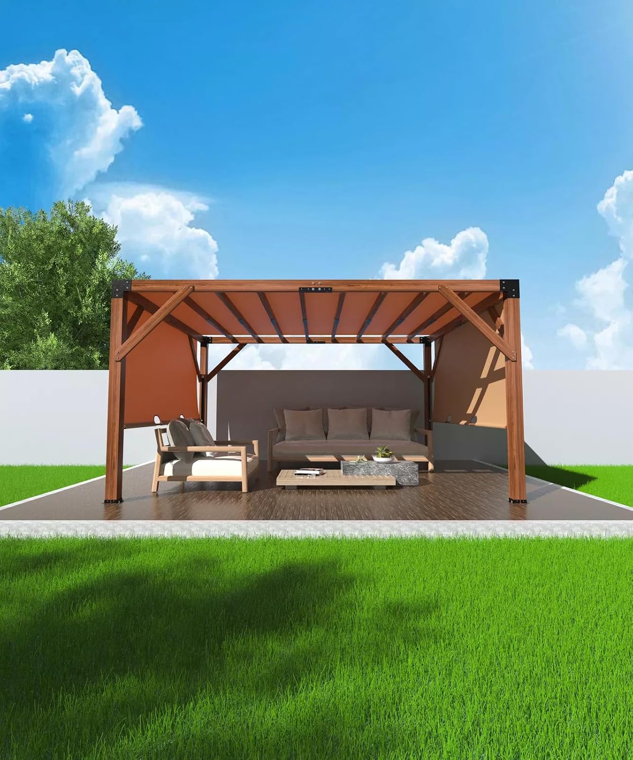 12'X 14' Cedar Wood Pergola, Wood Patio Pergola with Retractable Shade Canopy, Rot Resistant, Durable, for Backyard, Garden, Deck, Outdoor Entertaining