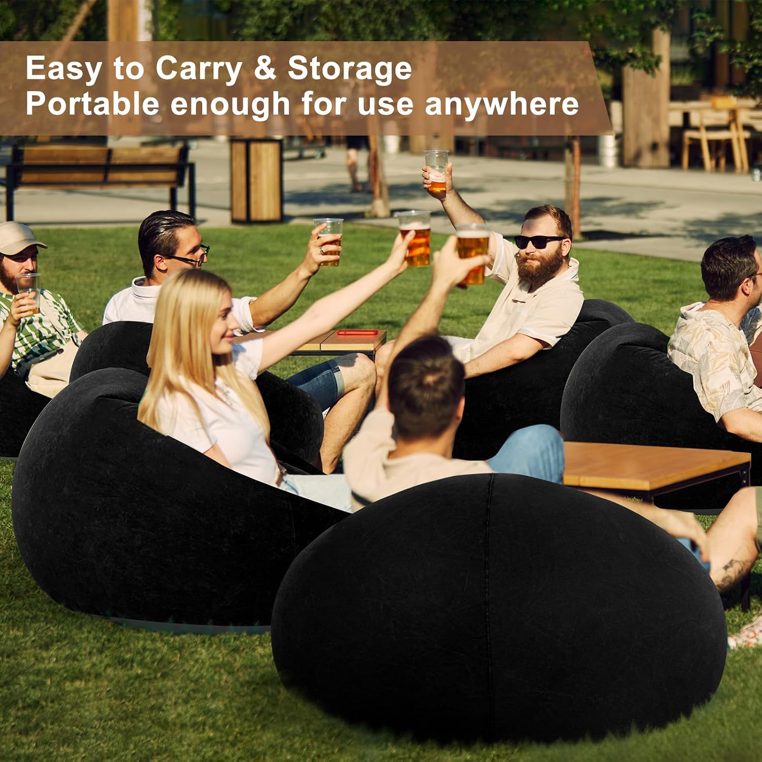 Realspring 6 9 12 Pcs Inflatable Bean Bag Chairs for Adults with Electric Air Pump, Blow up Couch Folding Portable Inflatable Couch Lazy Sofa for Outdoor Movie Night Camping(Black,12 Pcs)