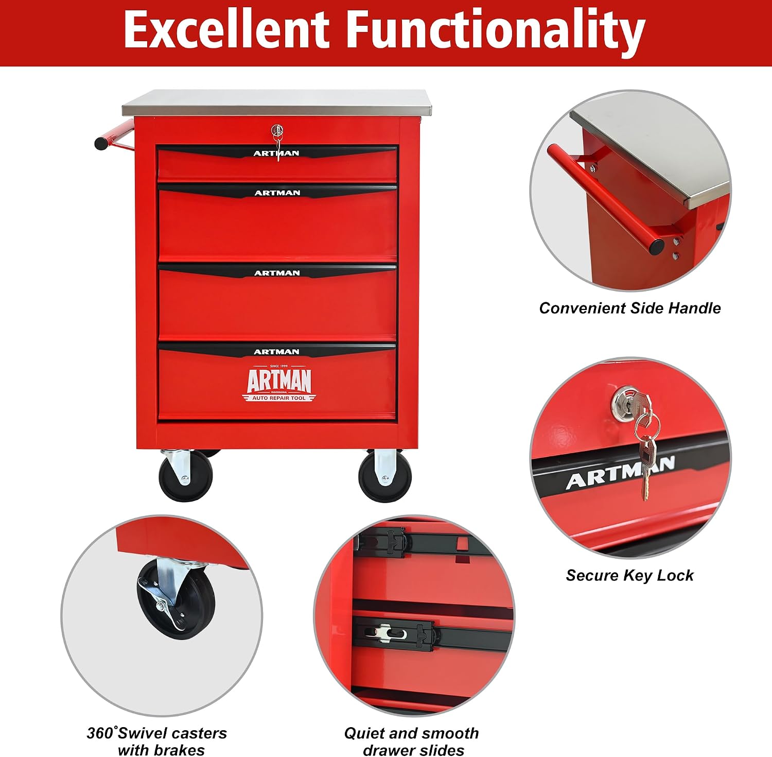 4 Drawers Rolling Tool Box on Wheels, Stainless Steel Countertop Tool Chest Cabinet with Lock, Drawers Rolling Tool Cart Trolley Organizer Tool Case for Garage,Warehouse (Red)