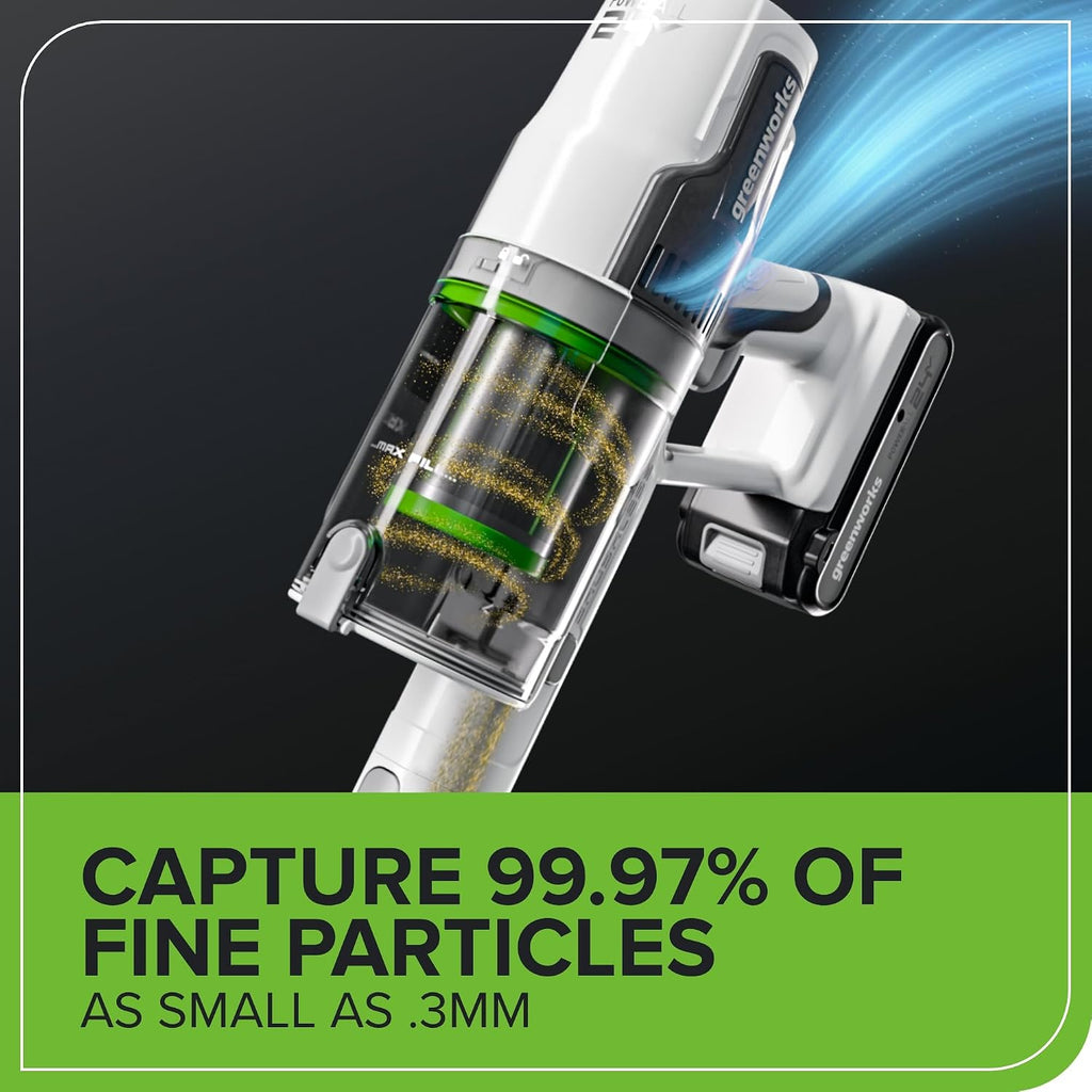 Greenworks 24V Brushless Cordless Stick Vacuum, Lightweight, Handheld, Pet, Anti-Allergen HEPA Filtration, Hard Floor, Carpet, Car, 4Ah Battery, and 30-Minute Charge Time (White)