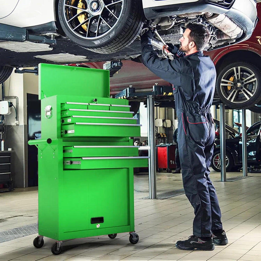 8-Drawer Rolling Tool Chest – 2-in-1 Lockable Tool Box with Wheels, Sliding Drawers & Detachable Top – Garage & Workshop Storage Cabinet, Green