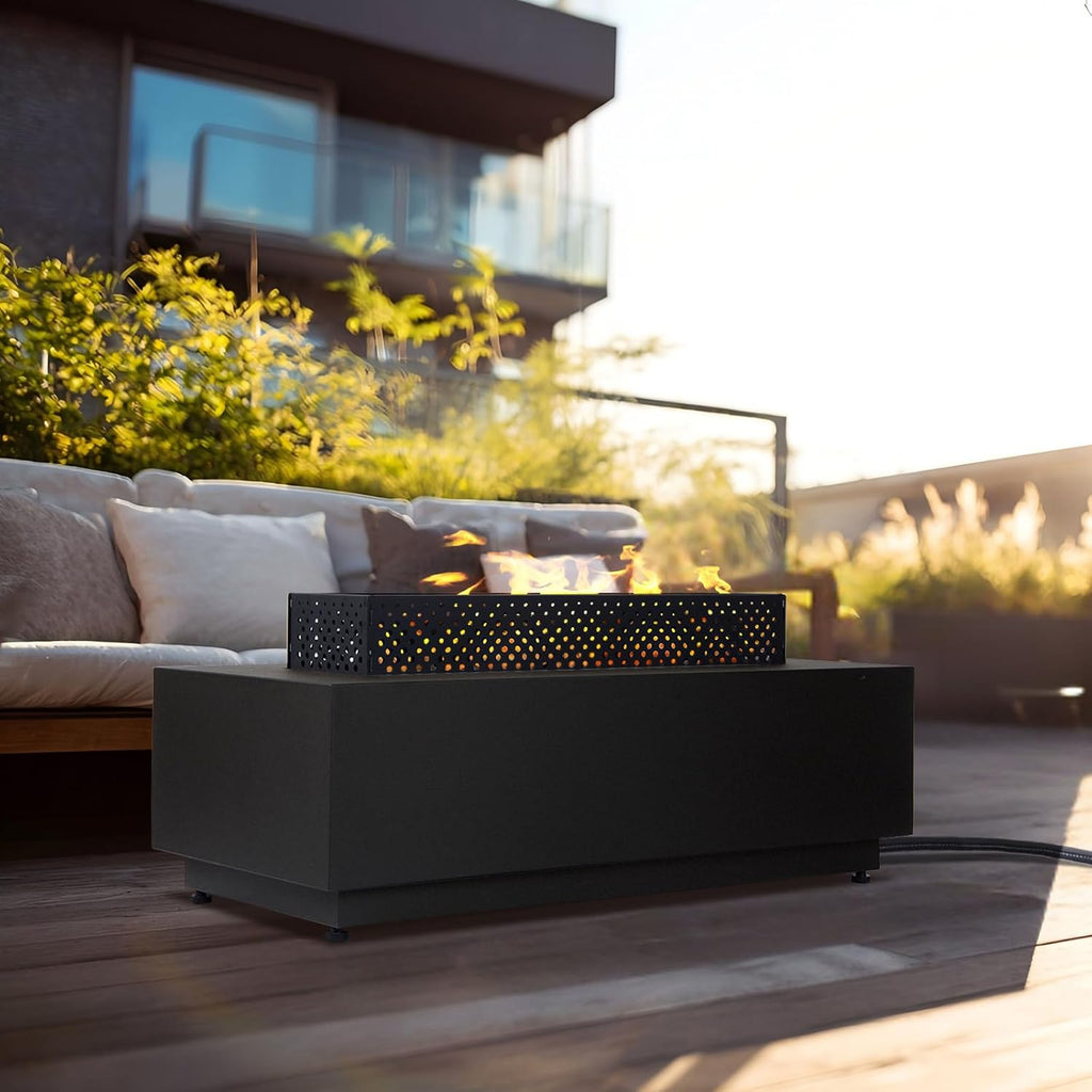 42 Inch Propane Fire Pit Table, 3-piece Outdoor Rectangular Fire Pit, 50,000BTU Firepits for Outside Patio with Hidden Tank Table, Griddle, Wind Guard, Lid, Black