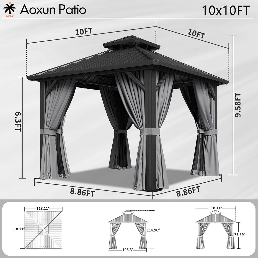Aoxun 10Ft X 10Ft Hardtop Gazebo, Aluminum Metal Outdoor Gazebo with Breathable Netting and Curtains, Galvanized Steel Double Top, Permanent Patio Pavilion for Backyard, Wedding, Party