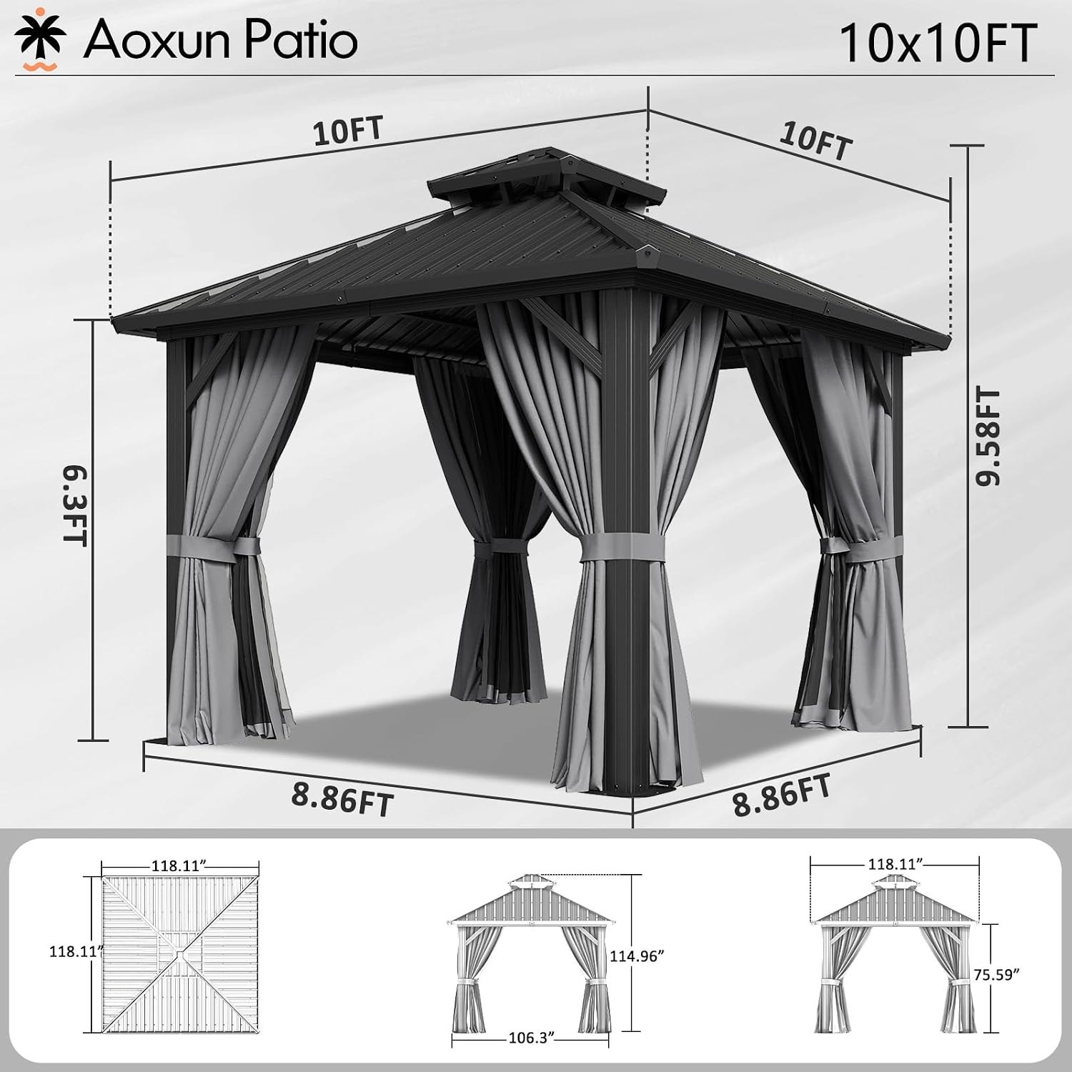 Aoxun 10Ft X 10Ft Hardtop Gazebo, Aluminum Metal Outdoor Gazebo with Breathable Netting and Curtains, Galvanized Steel Double Top, Permanent Patio Pavilion for Backyard, Wedding, Party