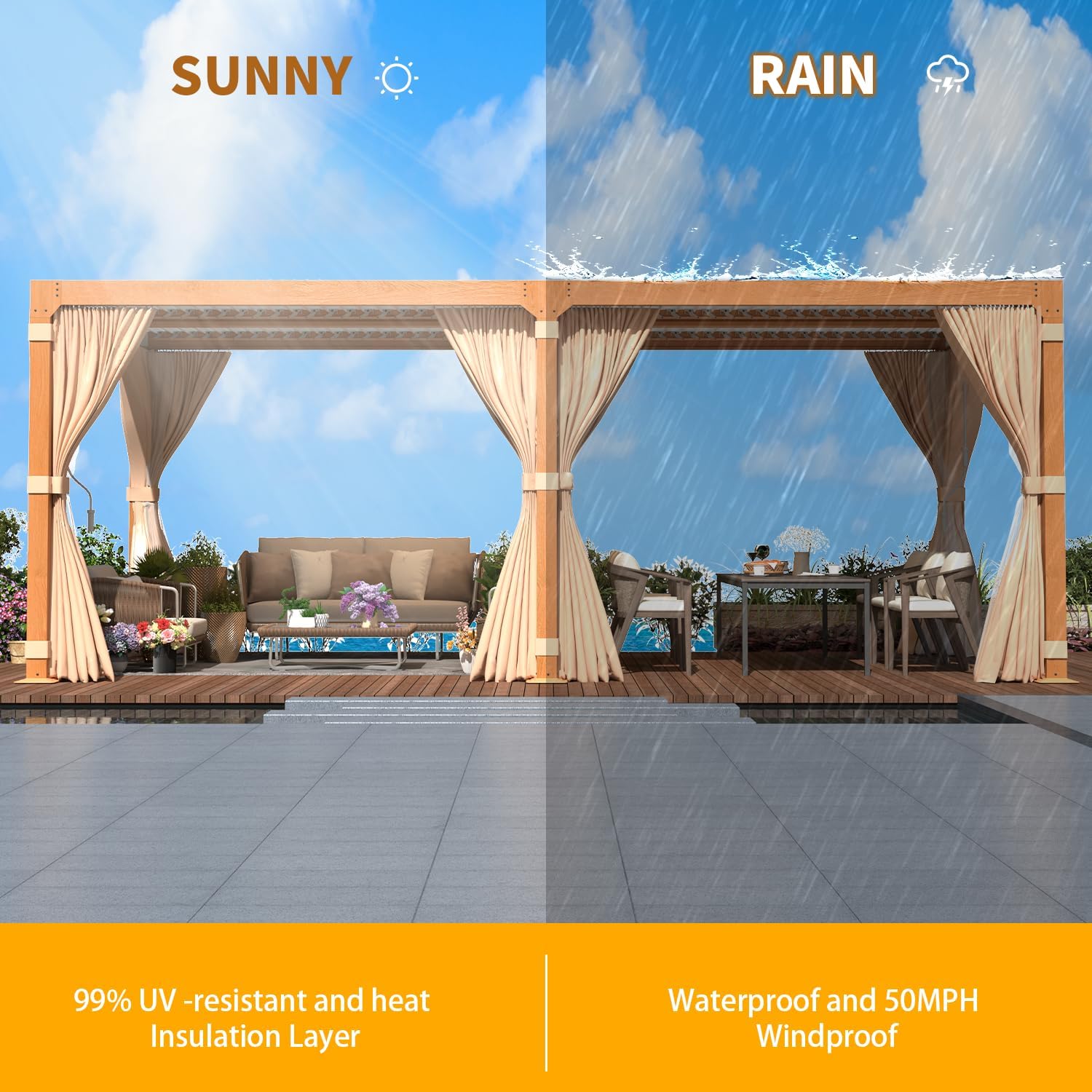 Yoleny Louvered Pergola - 10x20, All Aluminum with Adjustable Rainproof Roof, Outdoor Pergola with Curtains and Nets for Patio & Garden, Woodgrain