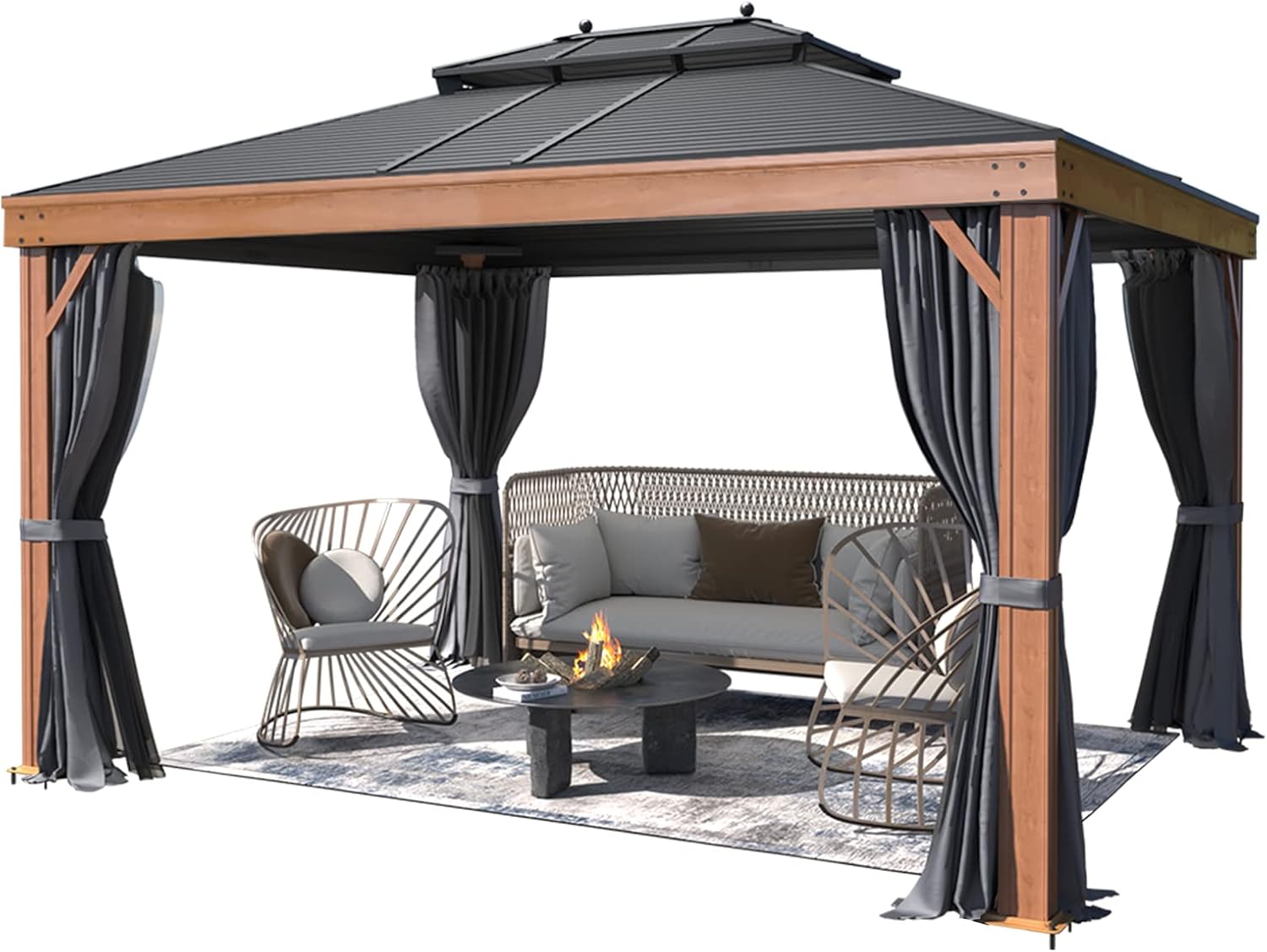 MELLCOM 10'x13' Gazebo, Wood Grain Aluminum Frame Canopy with Double Galvanized Steel Hardtop Roof, Outdoor Permanent Metal Pavilion with Curtains and Nettings for Patio,Backyard and Deck