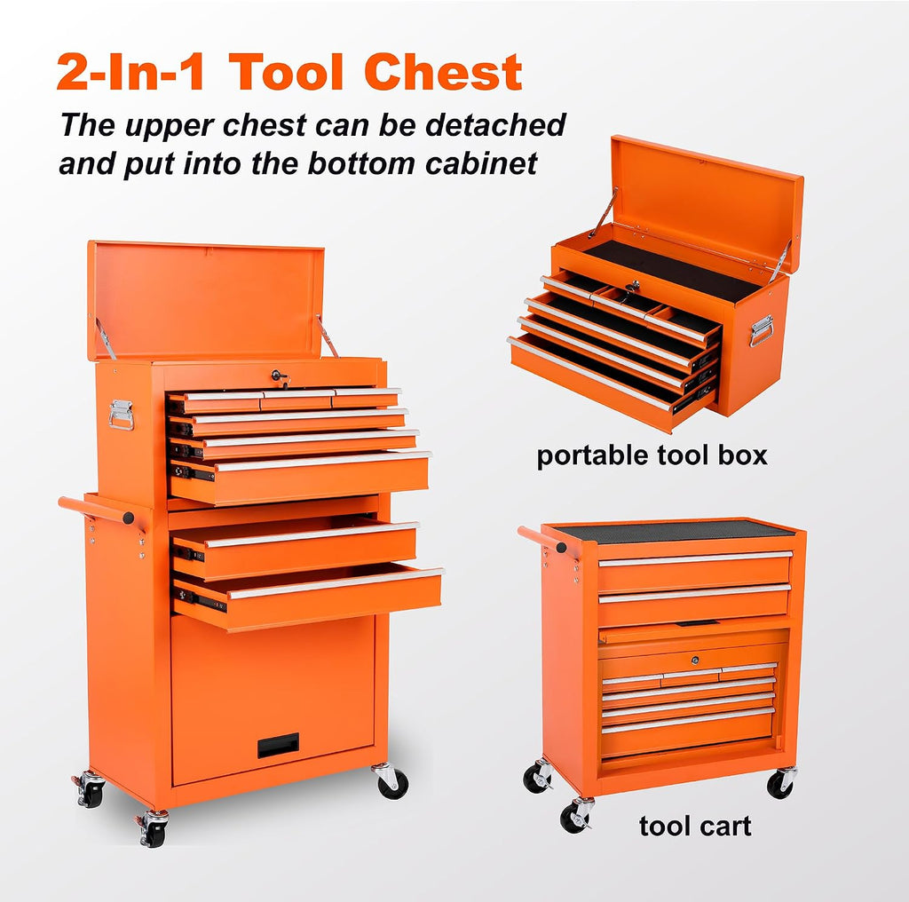 8 Drawers Tool Chest on Wheels with 1 Cabinet, Detachable Portable Top Box, Multifunctional Lock Rolling Tool Storage Case Organizer Set, Tool Cart with Side Hooks for Garage & Workshop