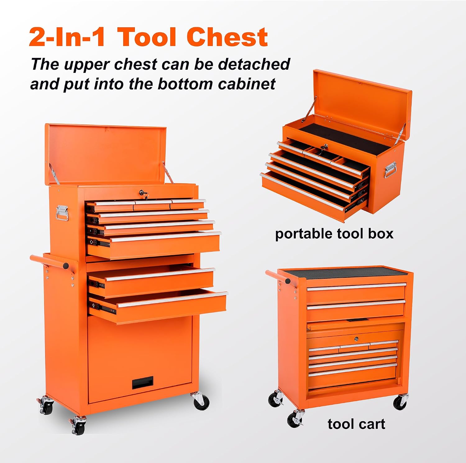 8 Drawers Tool Chest on Wheels with 1 Cabinet, Detachable Portable Top Box, Multifunctional Lock Rolling Tool Storage Case Organizer Set, Tool Cart with Side Hooks for Garage & Workshop